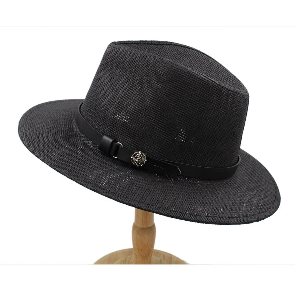 100 & % Stro Vrouwen Mannen Brede Rand Panama Hoed Voor BeachSun Hoed Met Strik Schipper Cap Size 56- 58 cm: Black