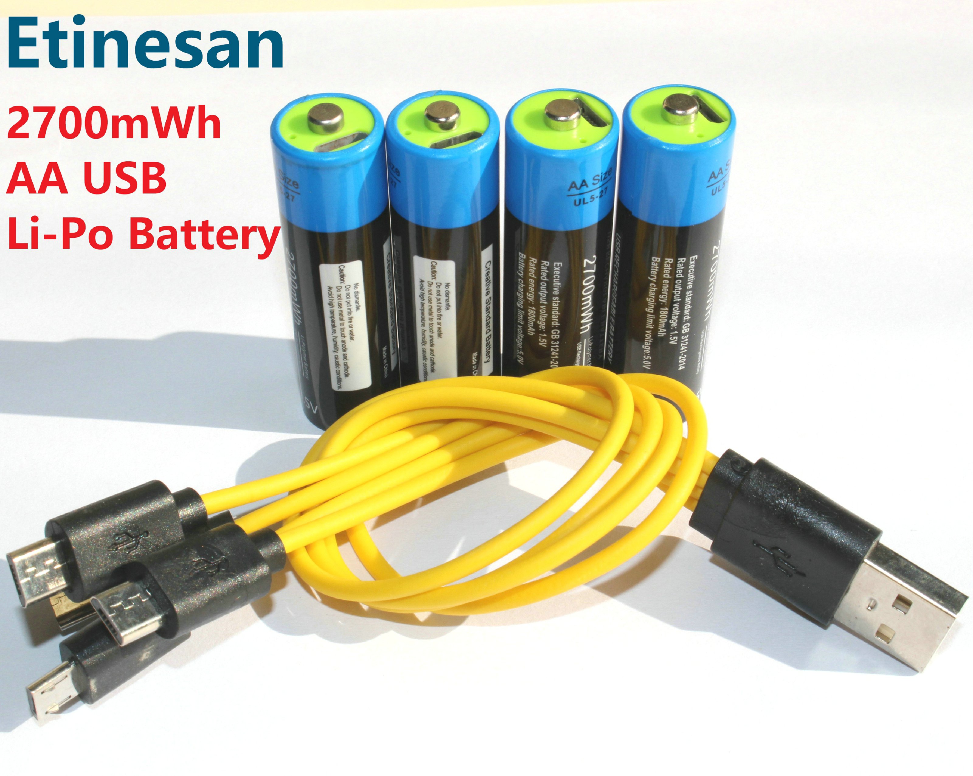 Etinesan 1.5V 2700mWh Aa Li-Polymeer Usb Oplaadbare Lithium Li-Ion Batterijen Fast Charge Voor Microfoon, Camera, spel, Speelgoed Ect.