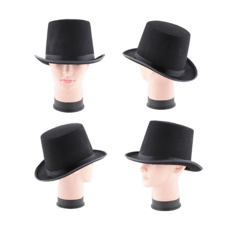 Svart topp lue satin høye caps voksne barn flate kuppel topp hatter for tryllekunstner kostyme forestilling teaterstykker musikaler fedora