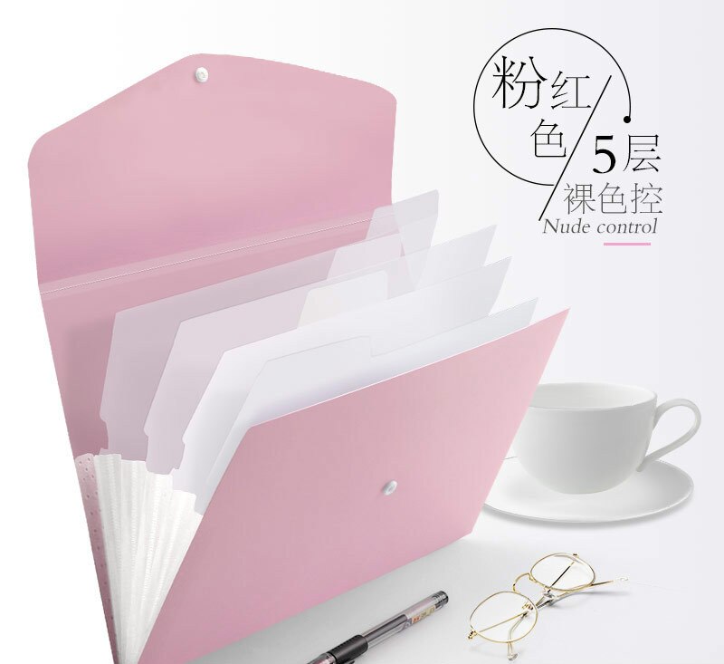 13 Grids Handheld File Folder Organ Box Bag Multi-function Organizer Storage Holder Office Document A4 Paper Folder: 5 Grid Pink