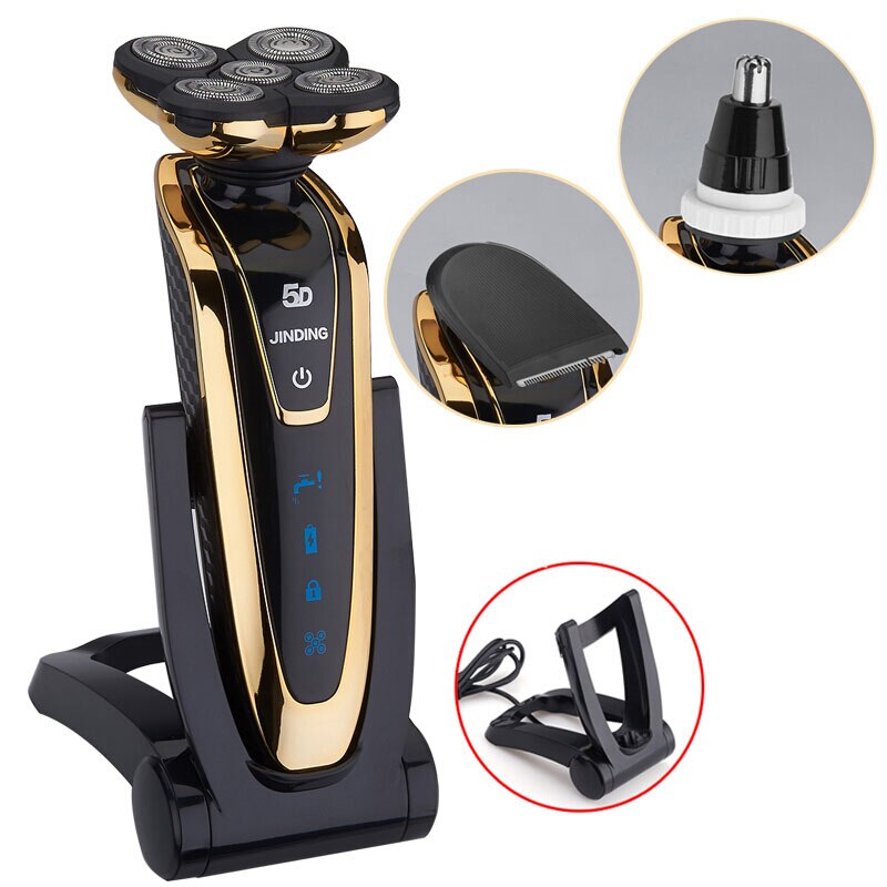 JINDING 5 Blade Electric Shaver for Men Rechargeable Razor Original Shavers Washable 3D Floating Head Beard Shaving Machine: Gold