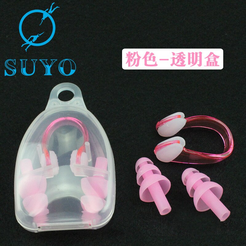 Tapones para los oídos de natación férula Nasal tapones de silicona Clip para la nariz natación resistente al agua reducción de ruido tapones para los oídos del sueño en caja Customiza: Pink Three Layer Transparent Box