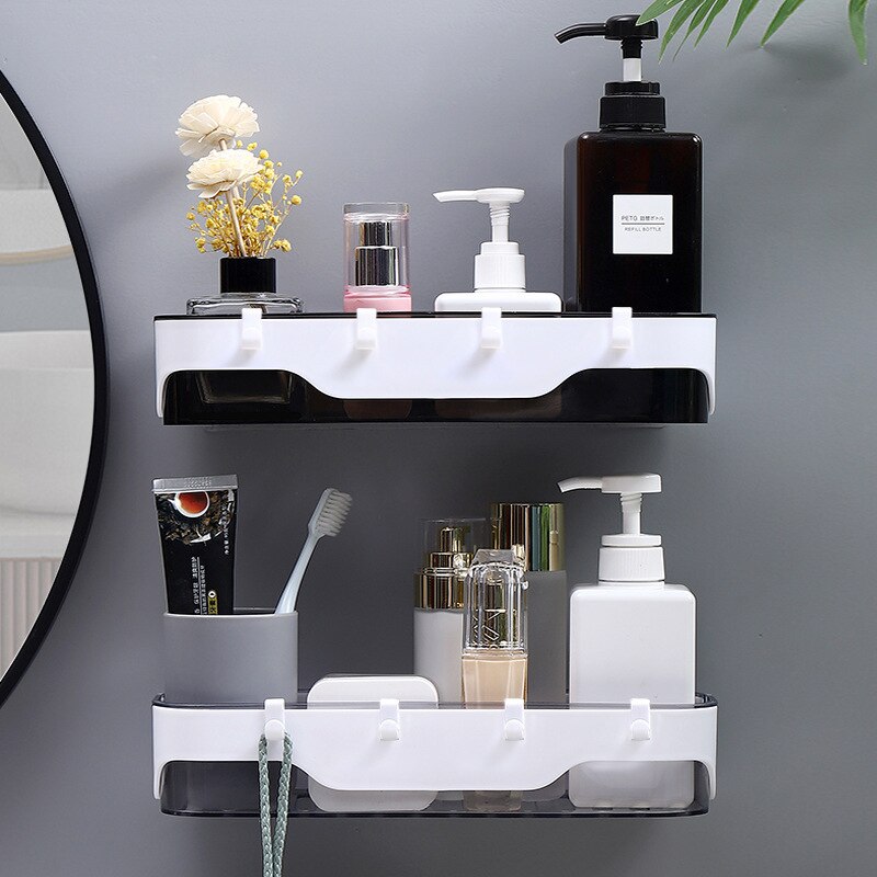 Wall-mounted Storage Rack Bathroom Shelf For Kitchen With Hooks Storage Bathroom Accessories Without Drill Plastic Container