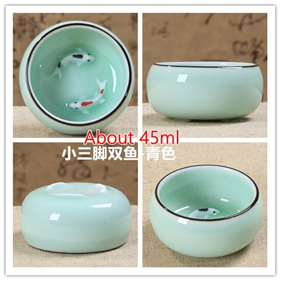 Celadon Chinese Kung Fu Thee Set Lotus Pu'er Thee Cups handgeschilderde Keramische Reliëf Draak Pioen Karper goudvis Thee Kopjes: Three-leg fish green