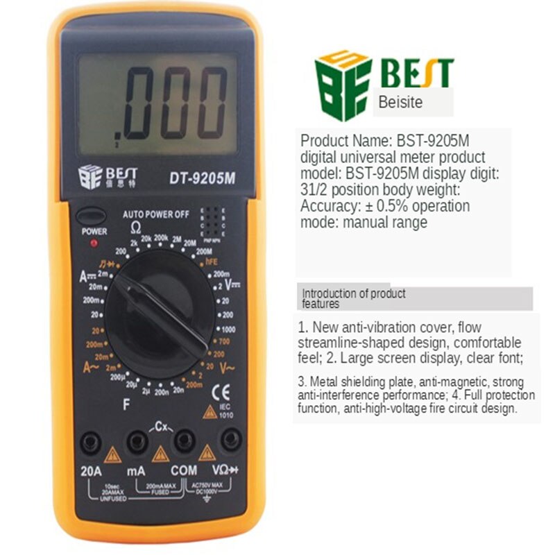 Best BST-9205M large screen digital multimeter with probe DT9205A