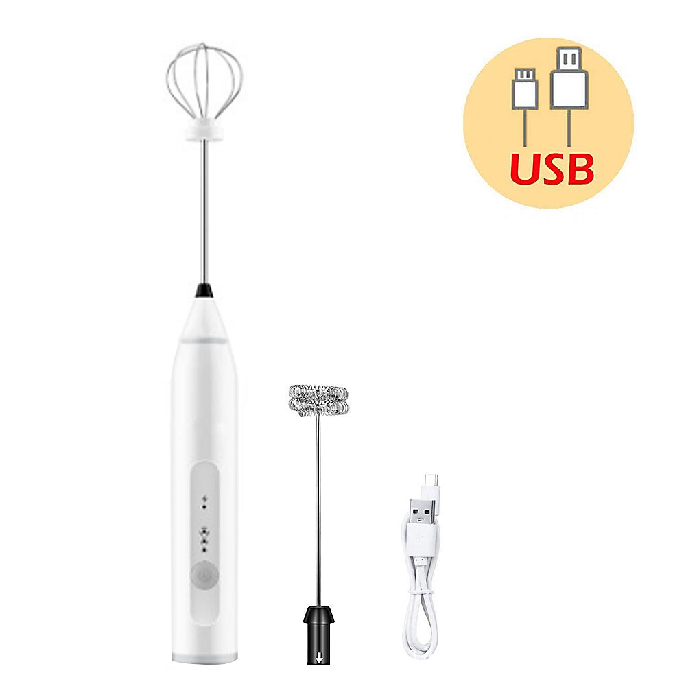 Electric Milk Frother Mini Mixer Foamer Coffee Whisk Stirrer Egg Beater Mixer Kitchen Cooking Tool Egg Stirring USB Rechargeable: white