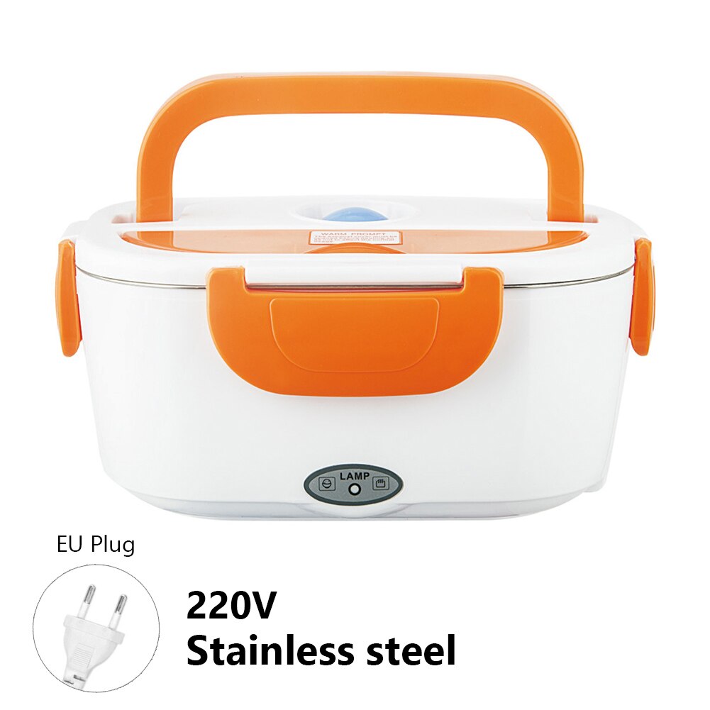 Bærbar elektrisk madkasse varmebeholder mad risvarmer rustfrit stål madkasse kontor hjemme bil brug mad varmere stål: Orange eu-stik 220v
