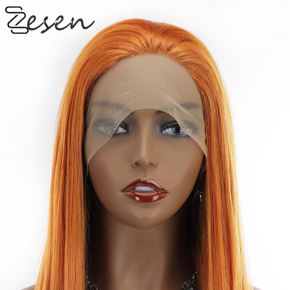 Zesen kobberrød midterste del 13 × 4 blonde front paryk til kvinder fest baby hår varmebestandigt syntetisk hår parykker farvet orange