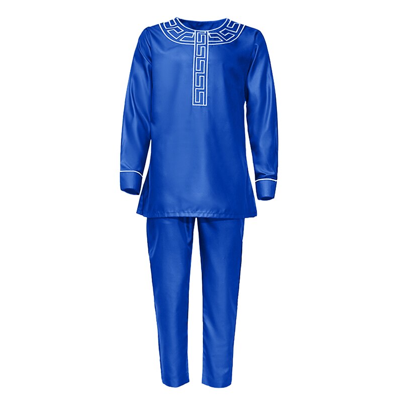 MD African Men Clothes Dashiki Embroidery Shirt Pants 2 Pieces Set Musulman Ensembles Bazin Riche Ankara Outfit PH8086: Blue / 4XL
