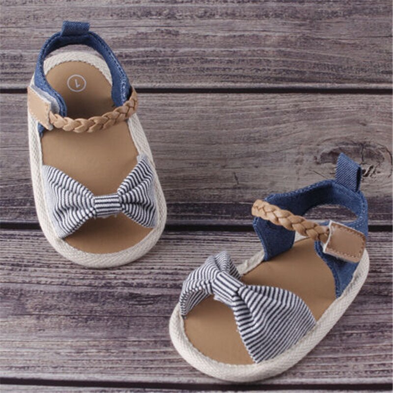 Zomer Baby Meisjes Kids Peuter Casual Geometrie Strik Sandalen Antislip Crib Schoenen Soft Sole Prewalkers: striped / 13-18 months