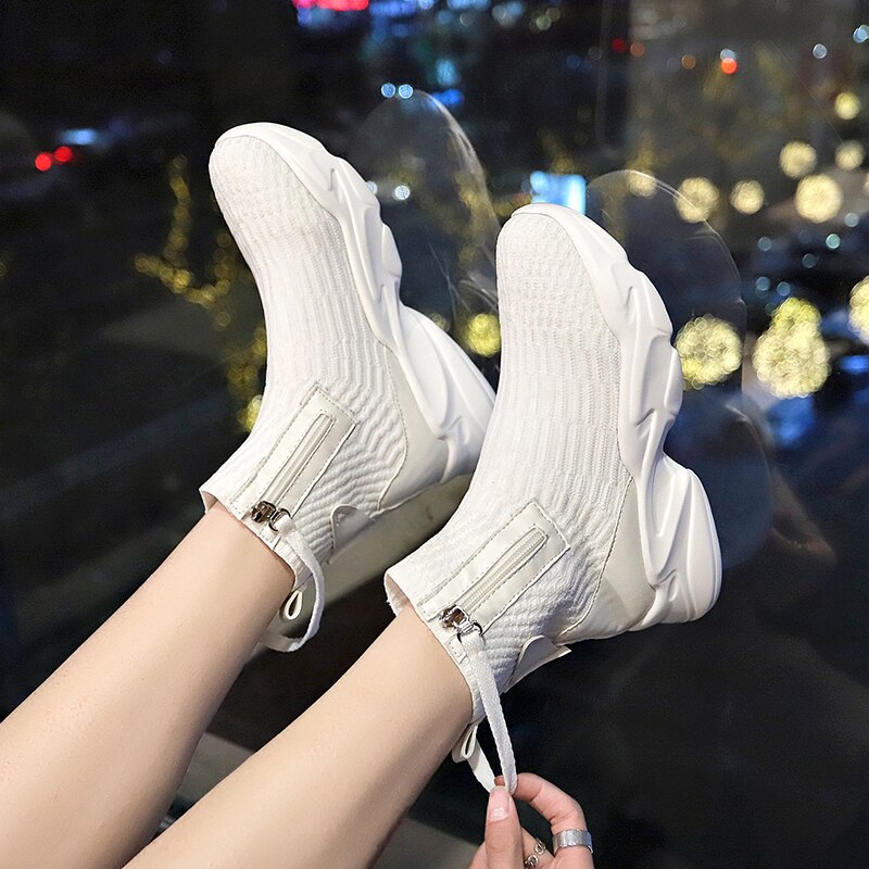 Qwedf sneakers kvinder strik overdel åndbare sneakers sokkestøvler kvinde chunky sko high top sko til kvinder tennis feminino  g4-45