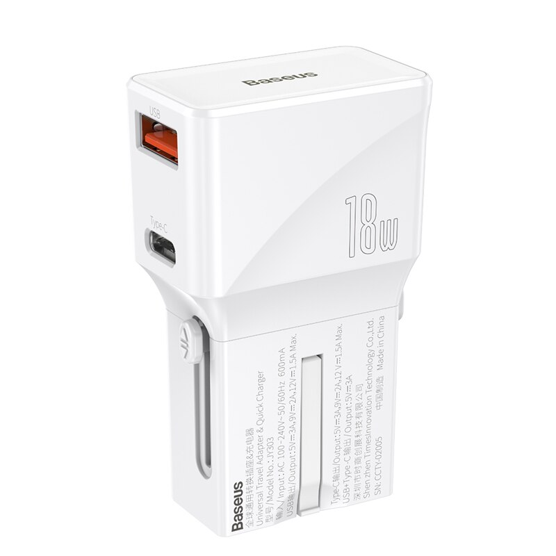 Baseus universele usb-lader 18w qc 3.0 pd3.0 snellader snel opladen 3.0 reis usb c internationaal stopcontact voor xiaomi: 18w oplader wit