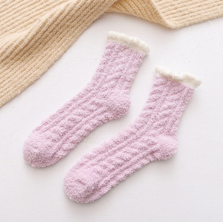 Coral Fleece Women Socks Bow rabbit Bear Candy Winter Thickening Cute Mid-tube Sock Ladies Home Bed Floor Slipper Sox: zi