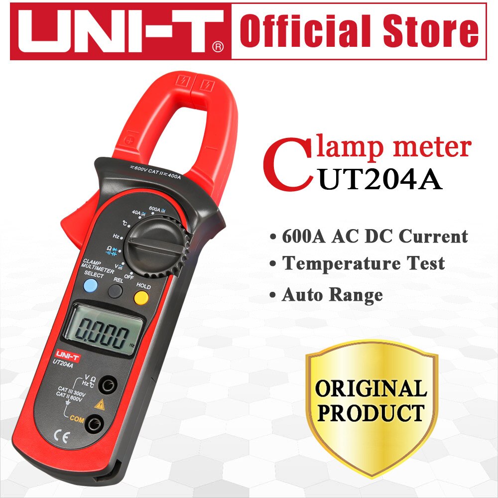 UNI-T UT204A 600A AC DC Digital Clamp Meters With Temperature Test Auto Range 600V Voltage Continuity Buzzer
