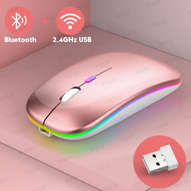 Bluetooth Wireless Mouse For Computer PC Laptop iPad Tablet MacBook With RGB Backlight Ergonomic Silent Rechargeable USB Mouse: Rose Gold