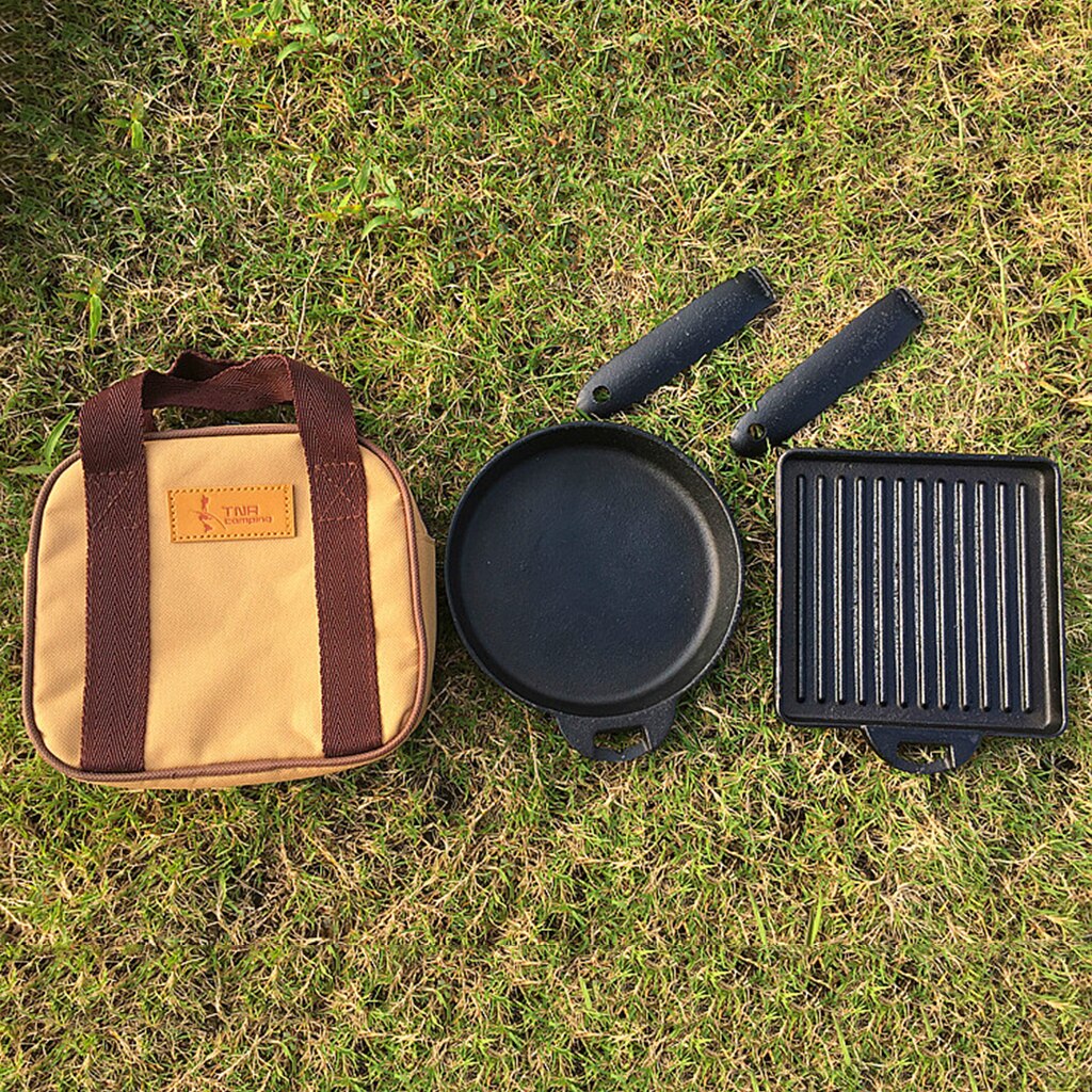 2pcs Square & Round Cast Iron Steak Skillet/ Fry Pan + Bag Camping Outdoor
