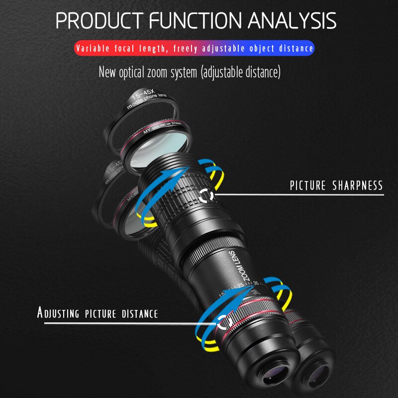 Hd 14x-45x telefoto zoom len, duplo foco óptica monocular telescópio para smartphone lente de telefone de longa distância