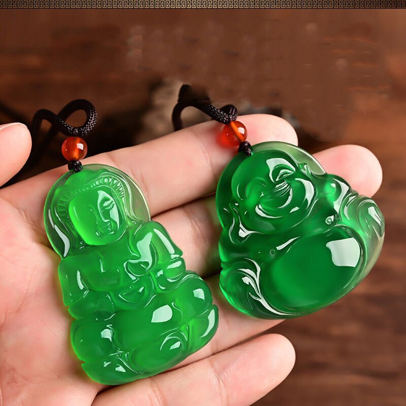 Grün Jade Chalcedon Hand Geschnitzt Guanyin Buddha Anhänger Schmuck Chalcedon Achat Liebhaber Halskette zur Seite fahren Kette