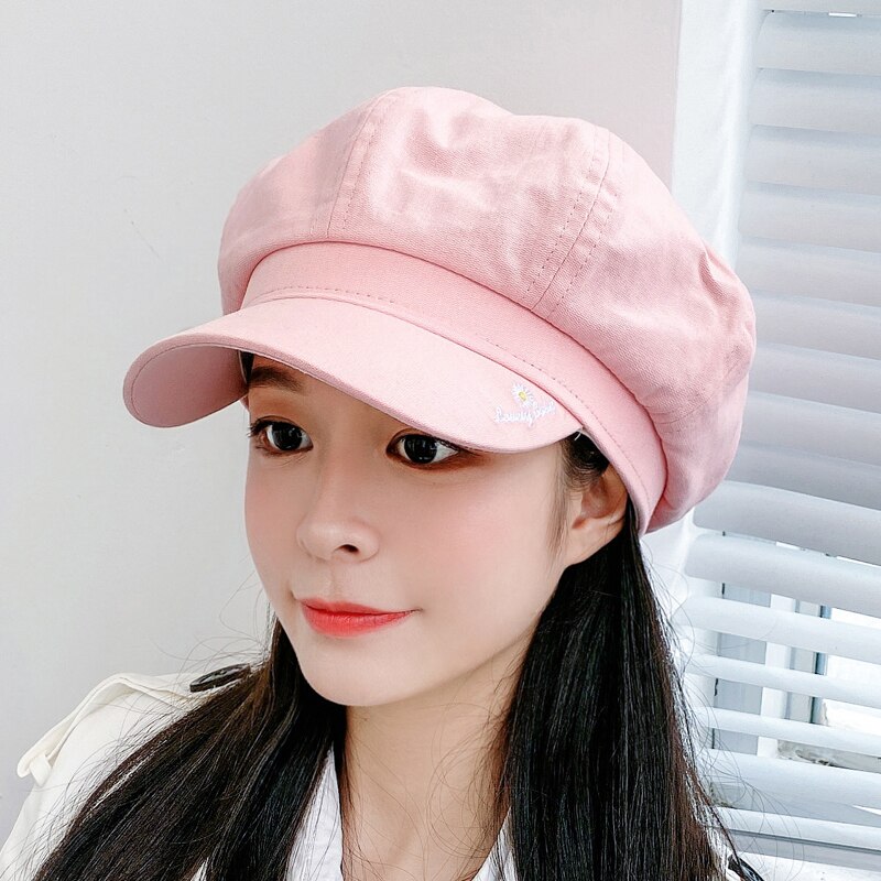 Gorra de pintor fácil de combinar de otoño e invierno, sombreros de señora para mujer, boinas de algodón, gorras Bordado de letras, gorra Casual octogonal plana Retro: pink