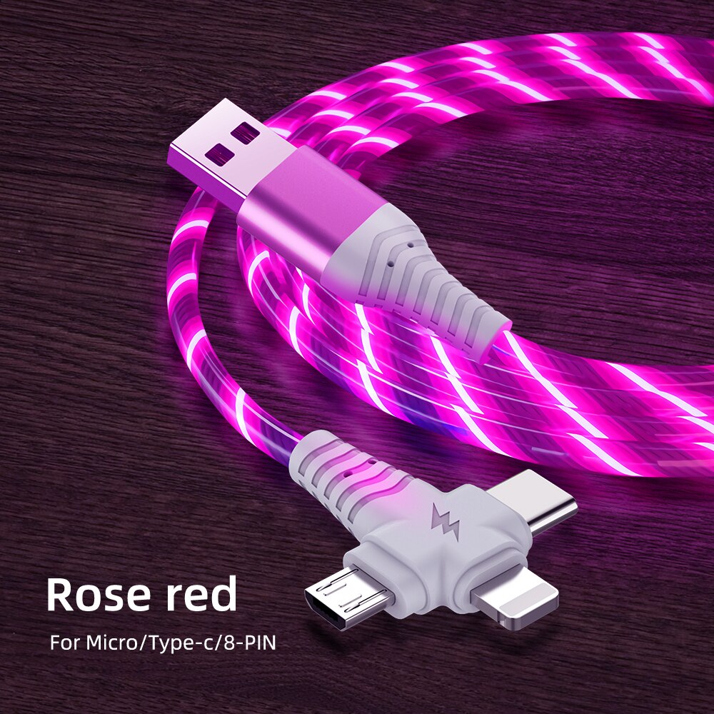 3in1 Flow Luminous Lighting Usb Cable For IPhone 12 11 Pro 3 In 1 2in1 LED Micro USB Type C 8Pin Charger Wire For Huawei Xiaomi