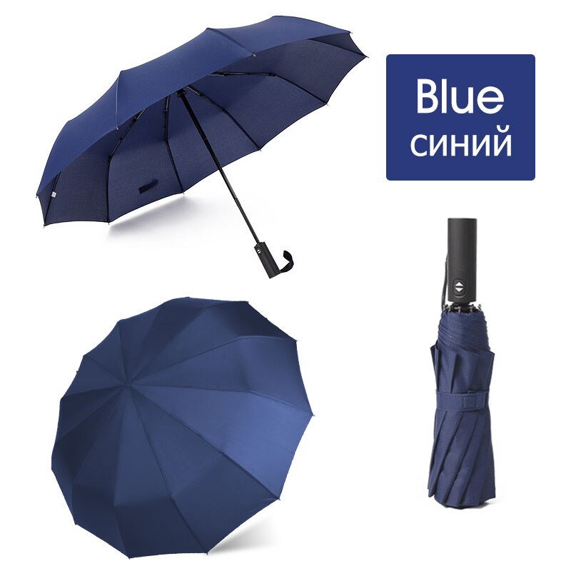 12K Strong Wind Resistant Folding Automatic Umbrella Men Rain Women Parasol Big Umbrellas Business Portable Long Handle Paraguas: Blue