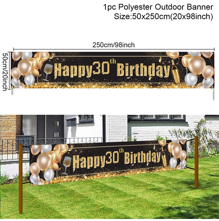 Black Gold Outdoor Birthday Banner Happy 30th 40th 50th Birthday Party Decor Adult 30 40 50 Year Birthday Anniversary Party Sup: 30th Birthday Banner