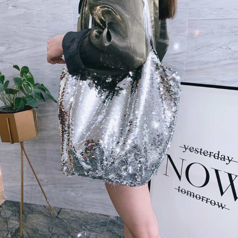 Bag for Women All-Match Big Bag Sequins Tote One Shoulder Bag Handbag Simple Cloth Bag Large Capacity Magnetic Button