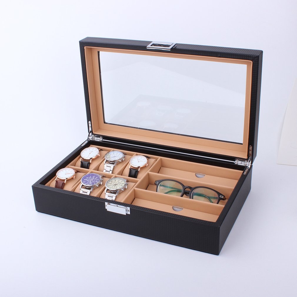 6/8 Grids Pu Leer/Carbon Fiber Horloge Box Case Zonnebril Organizer Sieraden Collection Opslag Display Container Holder