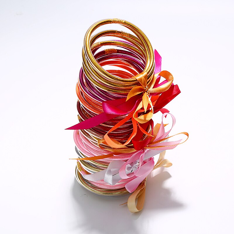 5 PCS/Set Bowknot Gold Silver Color Glitter Bangles Set All Weather Stack Silicone Plastic Glitter Jelly Bracelet