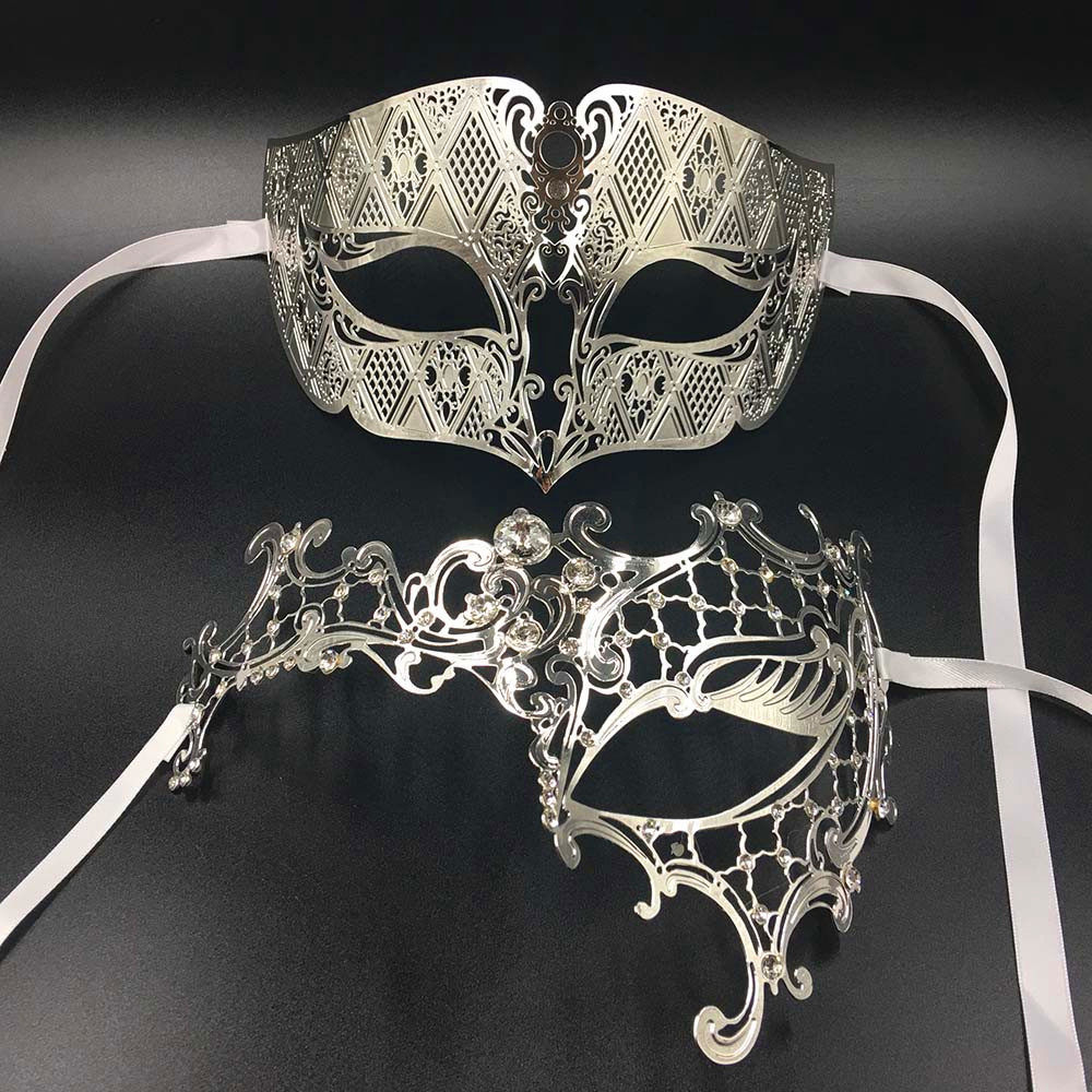 Luxe Lover Vrouw Mannen Masker Zilver Metalen Paar Venetiaanse Maskers Gouden Bal Wedding Mardi Gras Party Eye Maskers set