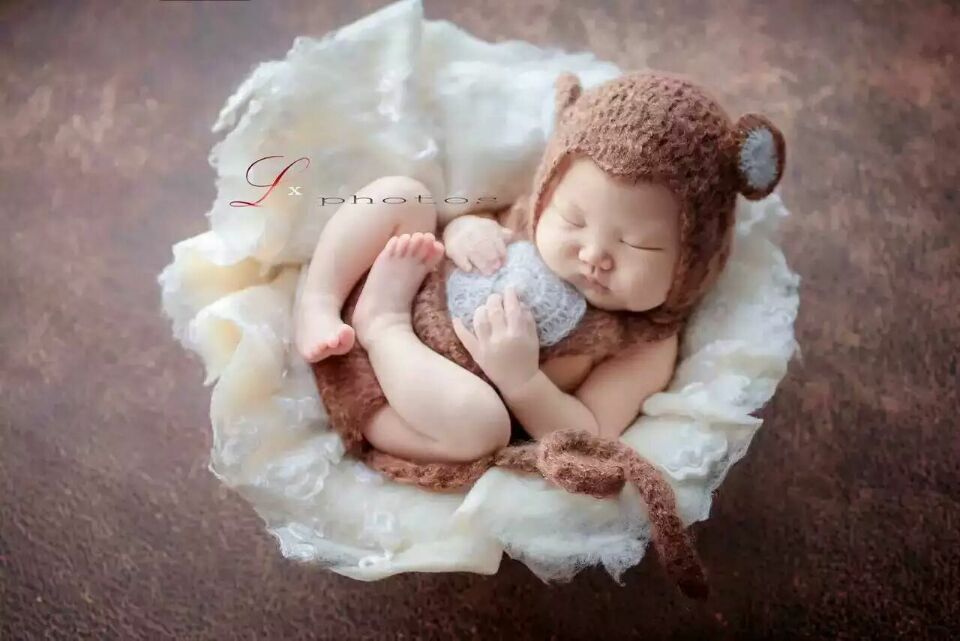 Lindo mono mameluco con larga cola recién nacido Niño sombrero y pantalones conjunto de ropa de bebé niña, Phoography accesorios Newbon traje