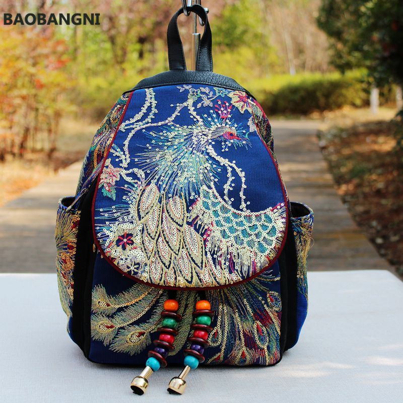 Retro Phoenix Geborduurde Rugzak Pailletten Canvas Tribal Etnische Geborduurde Bloemen Rugzakken Nationale Vrouwen Back Pack Bag