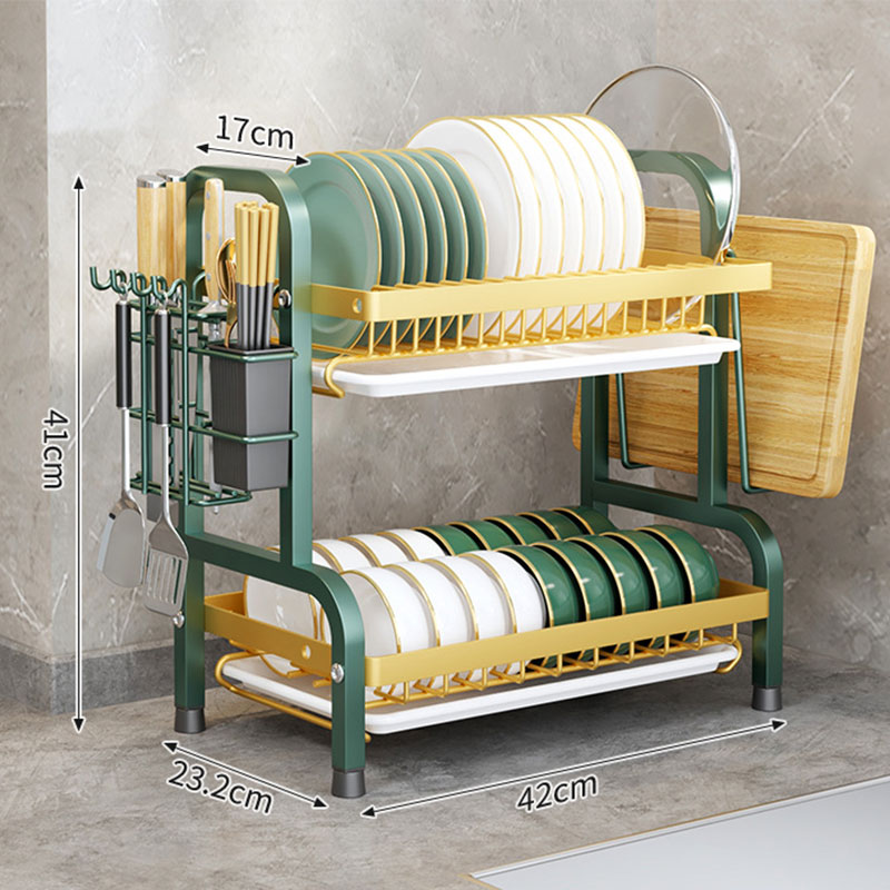 Stainless Steel 2-Tier Dish Drying Rack Large Rust-Proof Compact Kitchen Drainboard With Utensil Holder