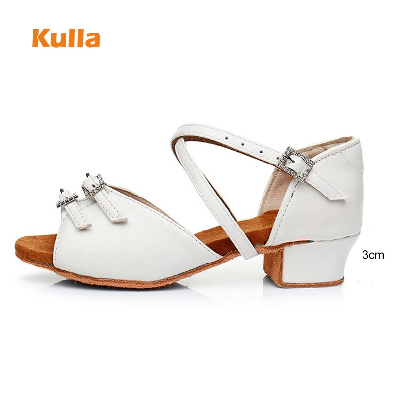 Girls Latin Dance Shoes Children Salsa Tango Dancing Low Heel White PU Rhinestone Soft Sole Party Training Kids Ballroom Shoes