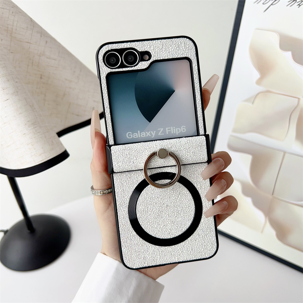 Glitter Magnetische Ring Houder Case voor Samsung Galaxy Z Flip6 Zflip5 ZFlip 3 4 5 6 Magsafe Draadloze Lading Scharnier Schokbestendige Cover: Polyester / WHITE