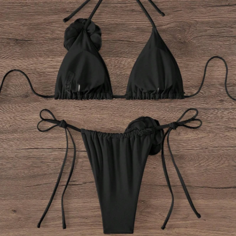 S - L Sexy 3D flores Halter Bikini con tiras mujeres traje de baño traje de baño femenino conjunto de Bikini de dos piezas bañista traje de baño nadar