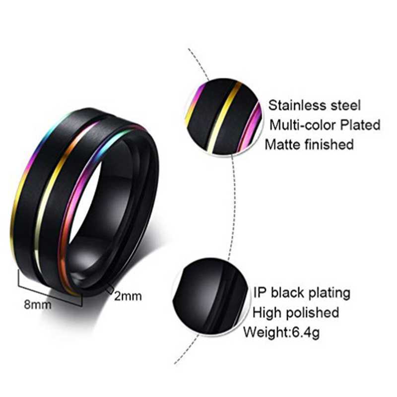 Black Stainless Steel Basic Ring for Men With Rainbow Line Classic Male Wedding Band Multi Color Jewelry Fraternal Rings