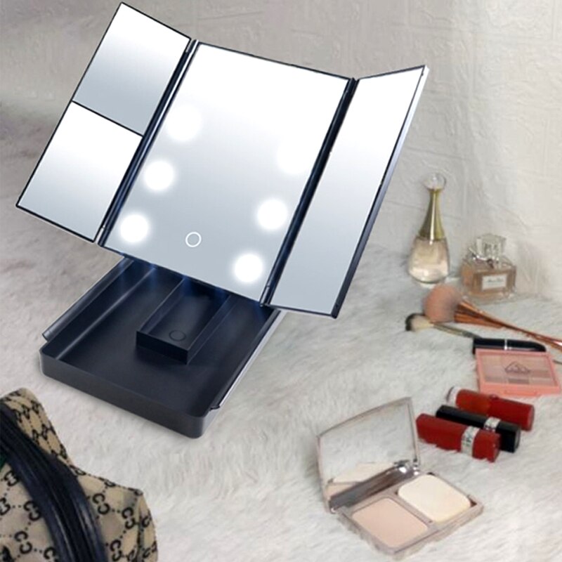 Trifold Led Makeup Mirror with Storage Box Vanity Lighted Mirrors 180 Degree Rotatable for Home Bedroom Bathroom Travel