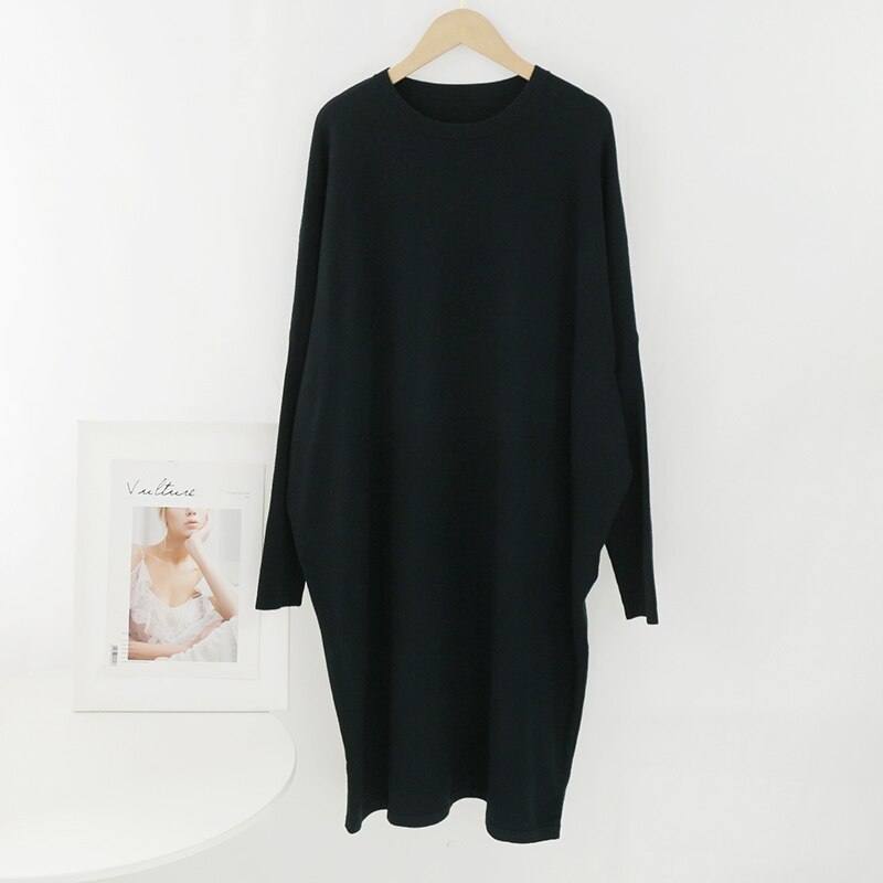 Aachoae lös o hals stickad tröja klänning kvinnor solid batwing långärmade mjuka klänningar hemstil casual midiklänning vestidos: Mörkgrön