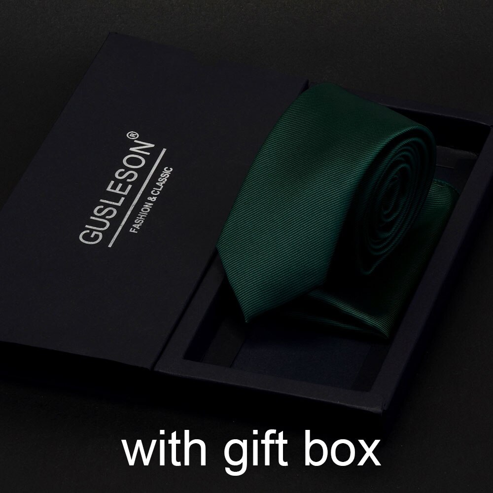 GUSLESON Slim Men Tie Pocket Square Set 6cm Skinny Necktie Red Yellow Green Ties With Box Suit Wedding Business: 08