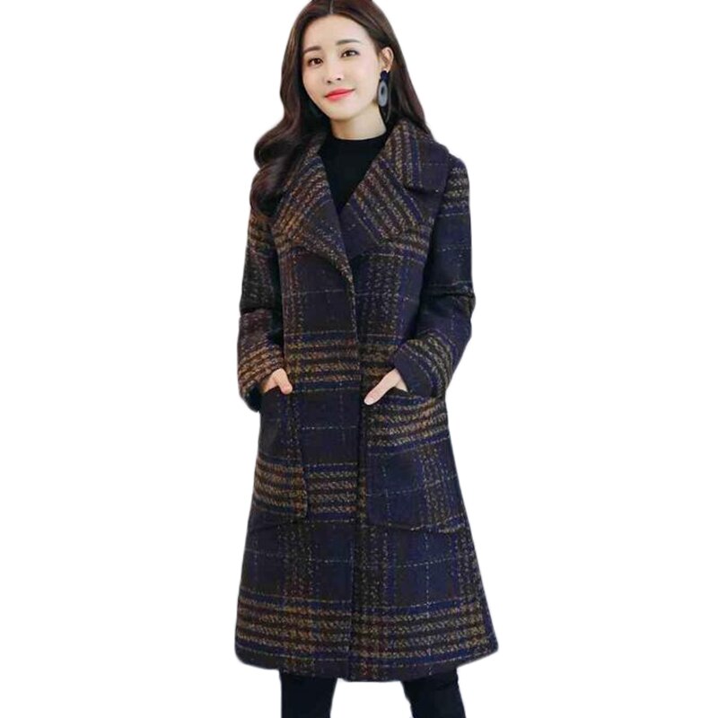 Manteau en laine pour femme, pardessus en treillis, grande taille, Long, décontracté, automne hiver