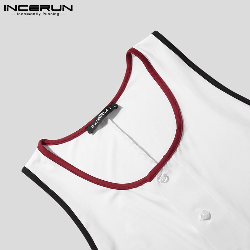 Summer Men Pajamas Jumpsuits Patchwork Sleeveless Button Homewear 2022 Fitness Rompers Cozy O Neck Leisure Men Nightwear INCERUN