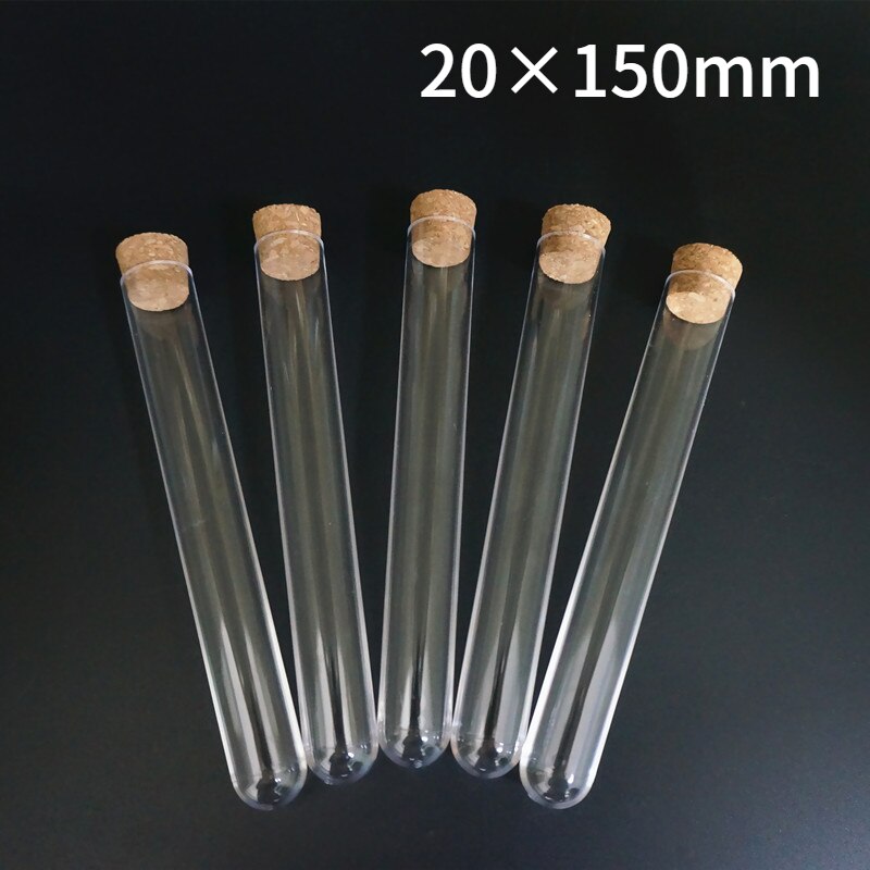 100 stks/partij 20x150mm Plastic reageerbuizen met kurk voor soort Laboratorium experimenten en tests