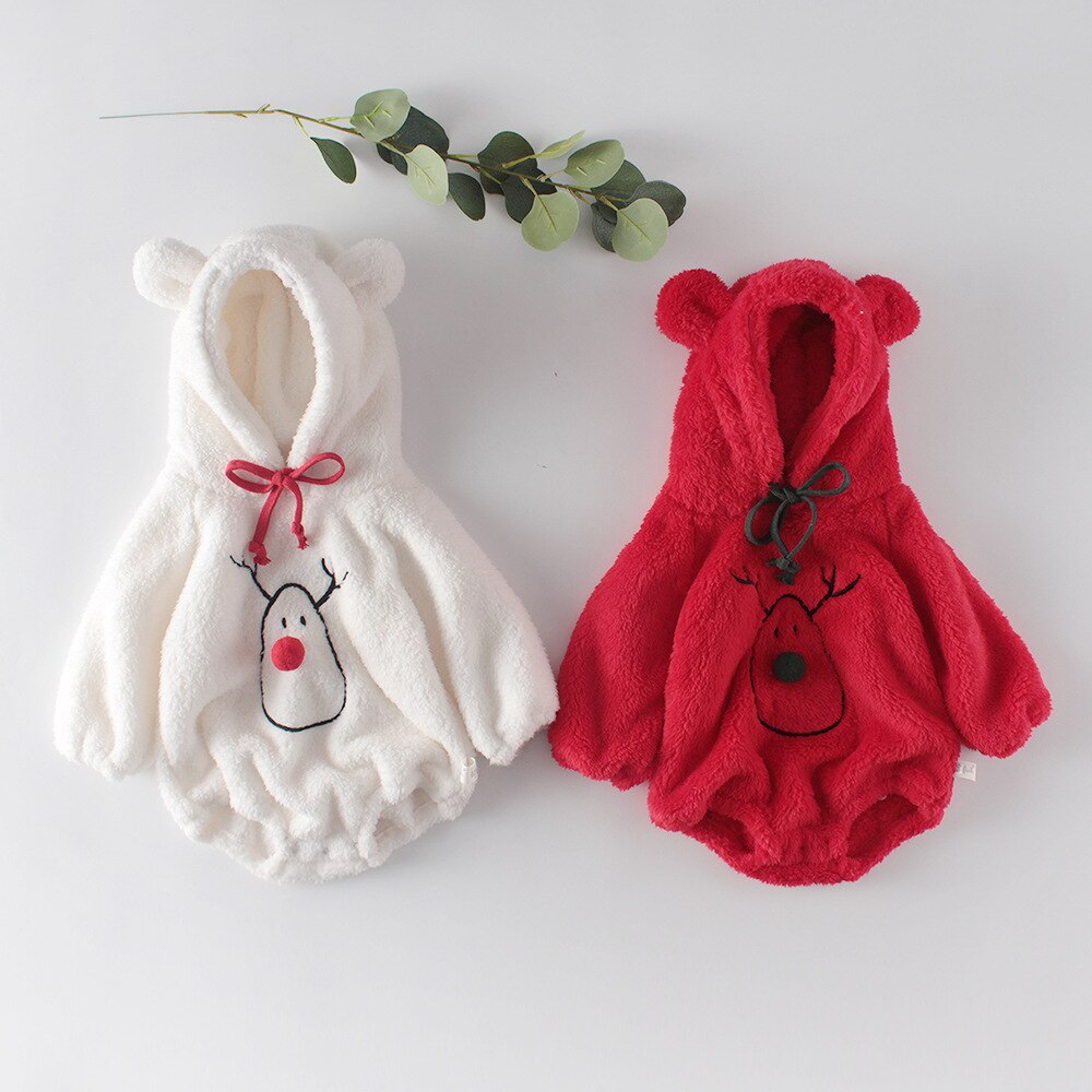 Spædbarn jul romper baby dreng piger langærmet hætteklædte snemand print med mønster i et stykke rød beige varm fleece hætteklædt tøj