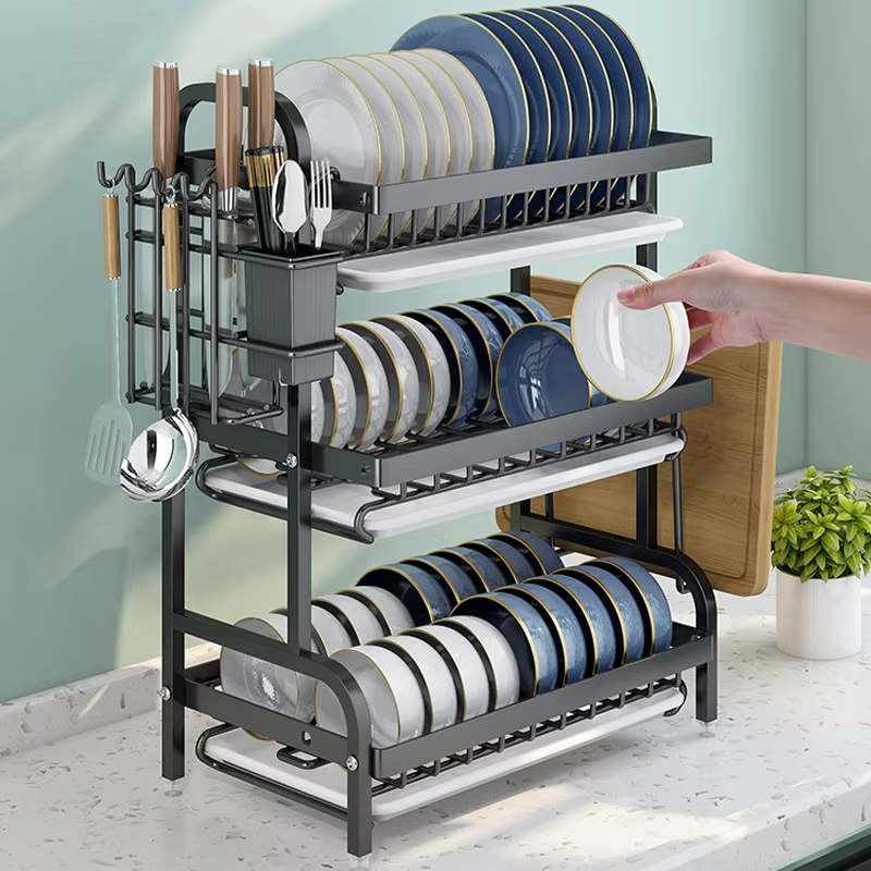 Égouttoir à vaisselle Compact à 3 niveaux, ensemble de égouttoir à vaisselle, grand support égouttoir à vaisselle antirouille, supports de cuisine