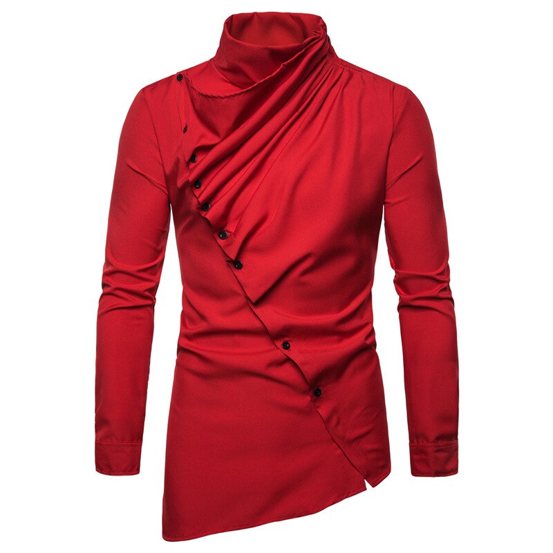 Lente Herfst Mannen Met Lange Mouwen Shirts High Street Tij Hoge Hals Shirt Solid Casual Hip Hop Streetwear Knop shirt Mannen: Red / XXL