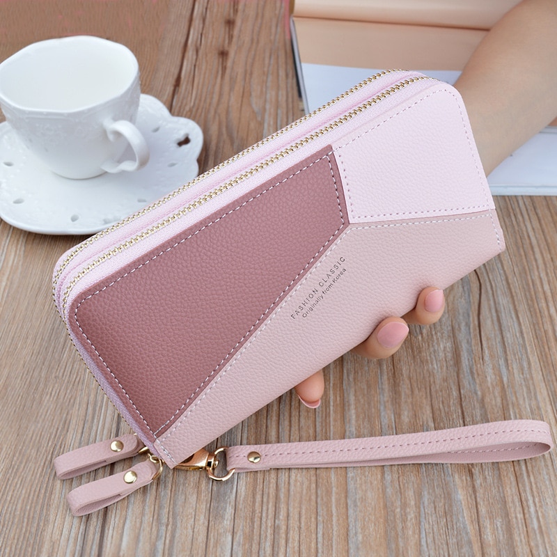 Women Zipper PU Leather Wallet Large Capacity Casual Simple Patchwork Waterproof Lady Wrist Band Handbag Card Phone Bag