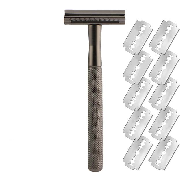 Afeitadora masculina de acero inoxidable, maquinilla de afeitar de seguridad con mango ponderado, recambios de cuchillas de doble filo, maquinilla de afeitar de una sola hoja para hombres: Negro
