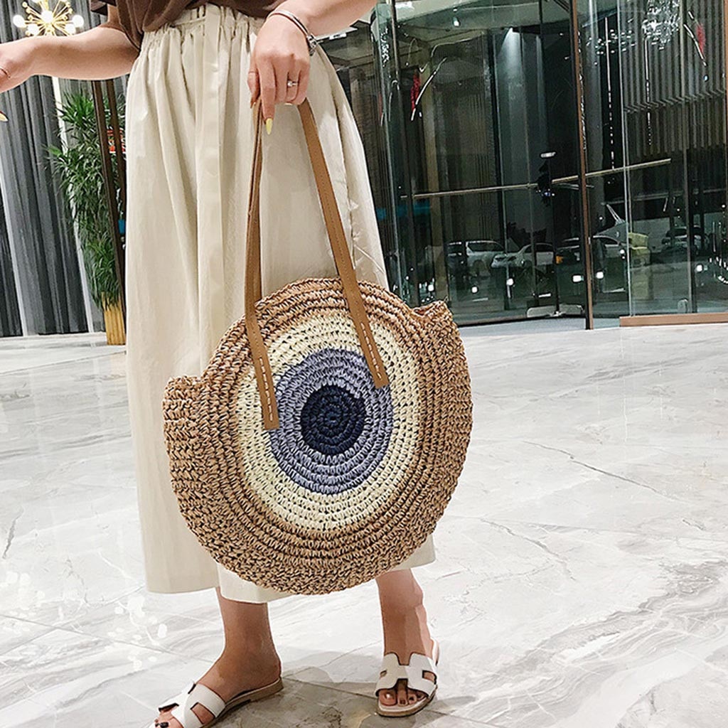 Round Straw Beach Bag Vintage Handmade Woven Shoulder Bag Raffia circle Rattan bags Bohemian Summer Vacation Casual Bags #H25