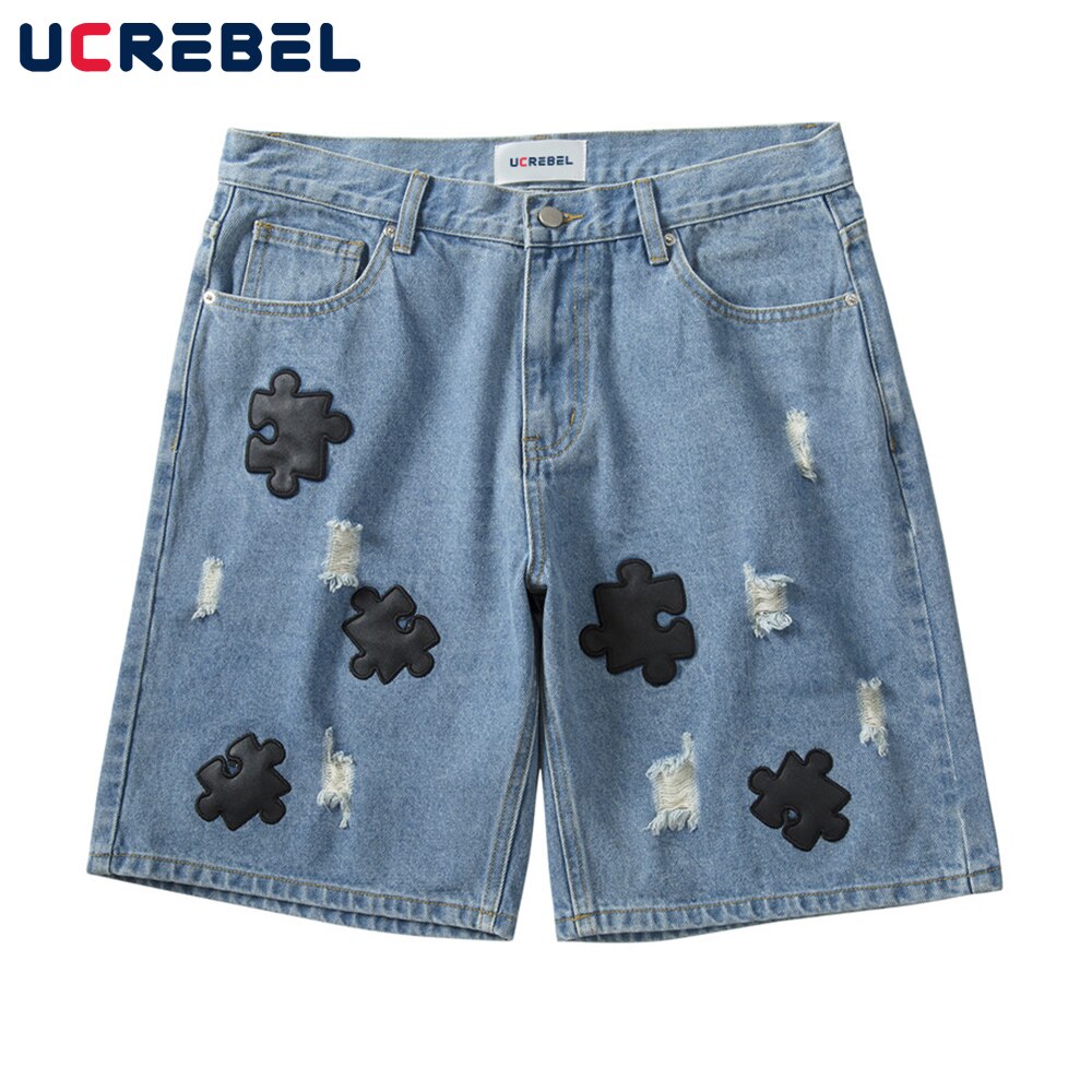 Puzzel Patch Borduurwerk Denim Shorts Heren High Street Zomer Ripped Korte Jeans Streetwear Verontruste Losse Knielange Shorts